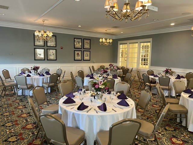The Mountain View Room arranged for an intimate reception with a covered balcony